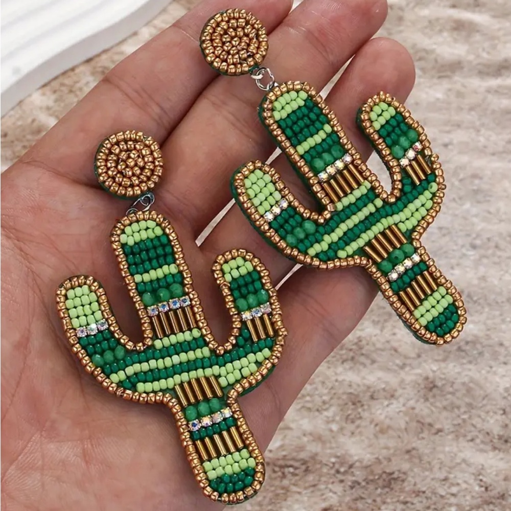 Green Beaded Cactus Dangle Earrings